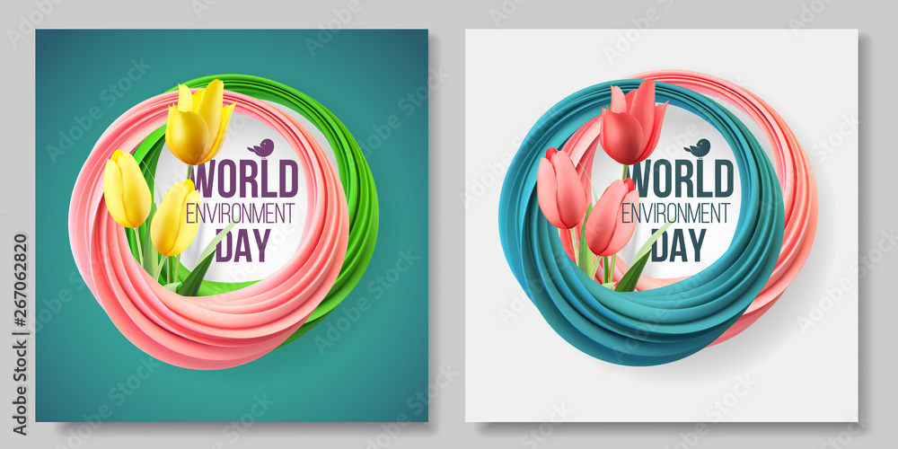 World Environment Day card, banner on the white and green background with flowers, yellow tulips and leaves. Abstract shapes. Color living coral. 5 june. Ecology, bio, nature. Vector illustration World Environment Day card, banner on the white and green background with flowers, yellow tulips and leaves. Abstract shapes. Color living coral. 5 june. Ecology, bio, nature. Vector illustration