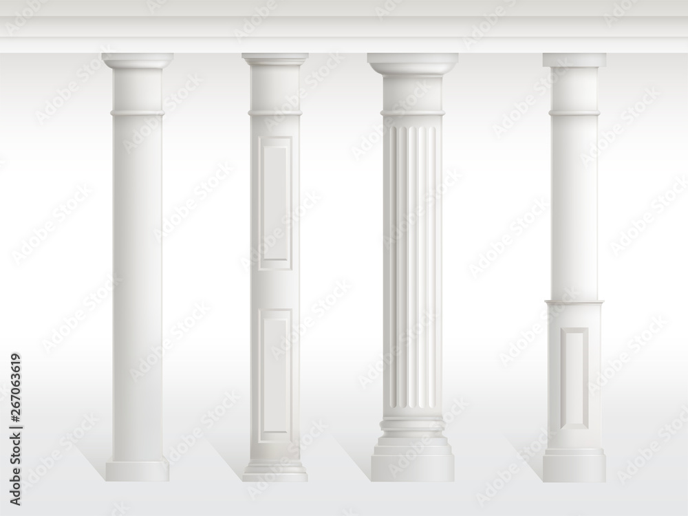 Fototapeta premium Antique columns set, balustrade isolated on white background. Ancient figured pillars connected at top with railing or horizontal beam. Roman or greece architecture. Realistic 3d vector illustration.