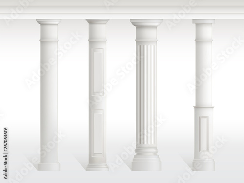 Antique columns set, balustrade isolated on white background. Ancient figured pillars connected at top with railing or horizontal beam. Roman or greece architecture. Realistic 3d vector illustration.