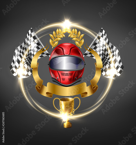 Auto, motorsport racing victory 3d realistic vector icon. Sport car, bike driver helmet surrounded checkered finish flags, golden laurel wreath in above and ribbon, winner cup from below illustration
