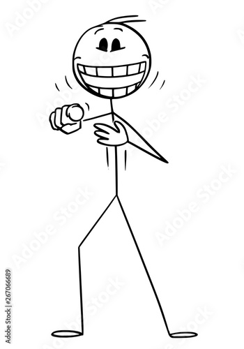 Vector cartoon stick figure drawing conceptual illustration of mad or crazy man or person pointing his finger at viewer or at camera and laughing.