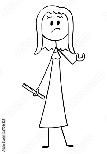 Vector cartoon stick figure drawing conceptual illustration of discontent woman with rule or ruller showing something is too small size gesture, probably penis her lover or partner. Sexual problem