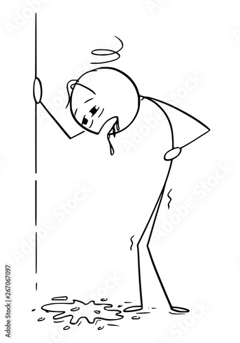 Cartoon stick figure drawing conceptual illustration of drunk or drunken or sick man vomit, throw up or puke.