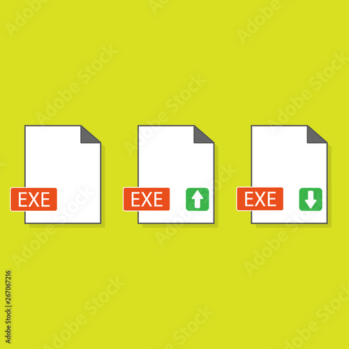 Filename extension icon EXE executable file format created in flat style. The sign depicts a white sheet of paper with a curved corner and a colored rectangle with the name of the file.