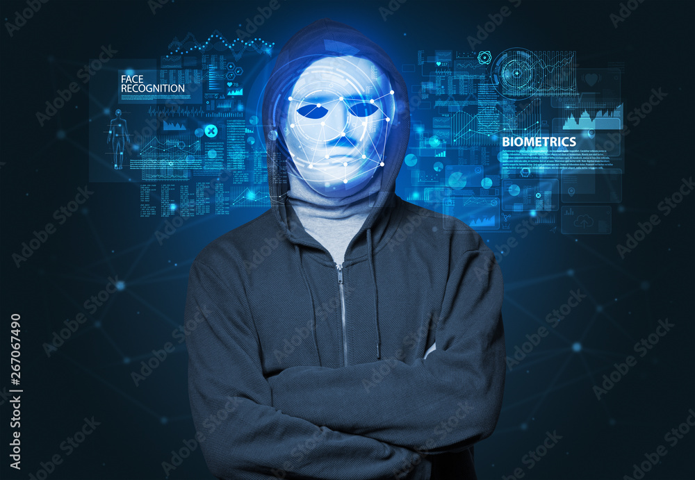 Biometric verification - young man face recognition concept Biometric verification - young man face recognition concept