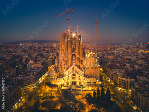 Aerial Panorama view of Barcelona city skyline and Sagrada familia at dusk time,Spain 2019 © pelinoleg