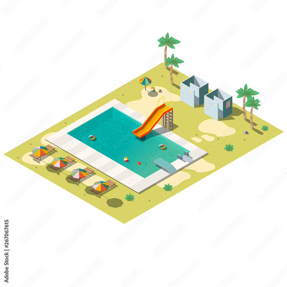 Tropical resort hotel swimming pool isometric vector with slide, lounge chairs under umbrella, dressing cabin, children playground illustration. Summer entertainment, recreation infrastructure element