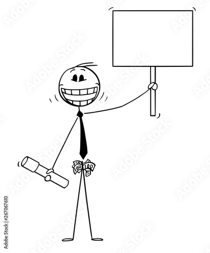 Vector cartoon of crazy smiling man with university education diploma or degree, pockets full of money and holding empty sign.