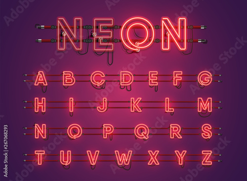 Realistic glowing purple neon charcter set