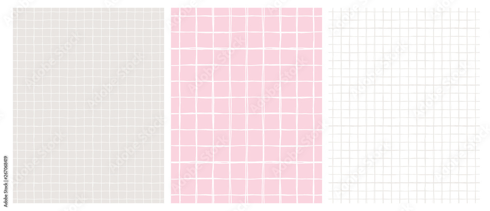 Simple Geometric Vector Pattern with Light Gray Grid on a White Background and  White Grid on a Pink and Gray. Abstract Notepad Paper with Irregular Hand Drawn Blank. Funny Pastel Color Graph Paper. - obrazy, fototapety, plakaty 