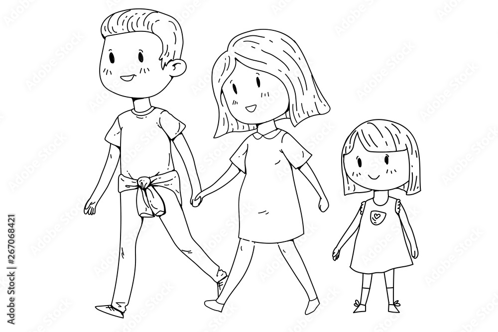 Cartoon family with pregnant woman and little children. Cartoon family with pregnant woman and little children.