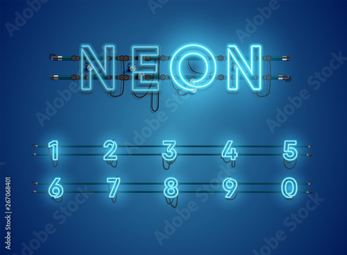 Realistic glowing blue neon charcter set