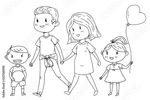 Cartoon family with pregnant woman and little children.
