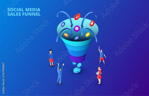 Social media sales funnel design concept with people on a dark blue background. Isometric vector illustration. Landing page template for web.