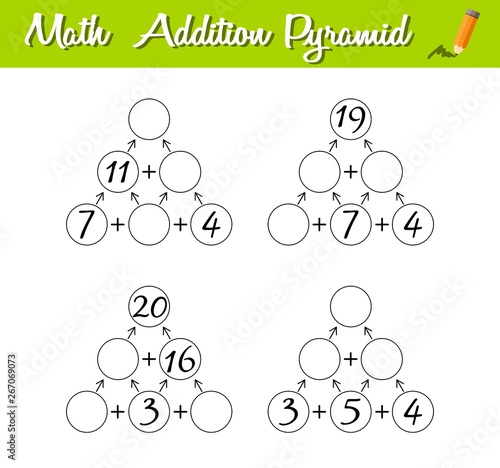 Math Pyramid Game. Educational a mathematical game. Beginner level 2. Mathematical puzzle