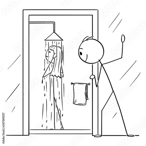 Vector cartoon stick figure drawing conceptual illustration of curious man or voyeur watching naked woman taking shower in bathroom.