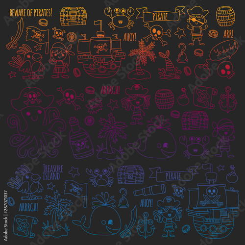 Vector pattern with pirate icons. Adventure, birthday party.