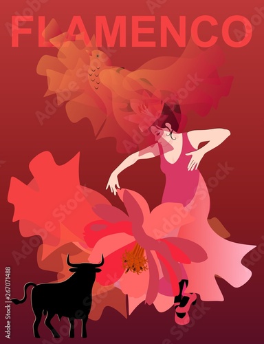 Woman in a red dress dancing flamenco on a red background. The translucent manton, thrown upwards, looks like a flying bird. Black bull silhouette as unofficial symbol of Spain.