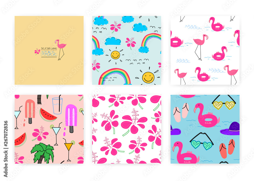 Set of seamless pattern with summer concept. Background Illustrations for gift wrap design. Set of seamless pattern with summer concept. Background Illustrations for gift wrap design.