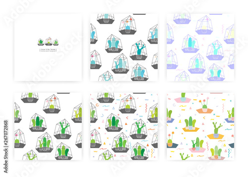 Set of seamless pattern with cactuses In glass terrariums. Background Illustrations for gift wrap design.