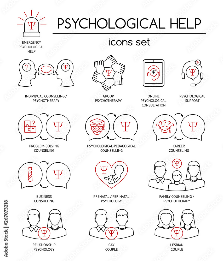 Psychological help. Set of linear icons symbols for psychology counseling, consulting, psychotherapy. Black and red. Flat design. Vector