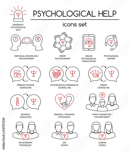 Psychological help. Set of linear icons symbols for psychology counseling, consulting, psychotherapy. Black and red. Flat design. Vector