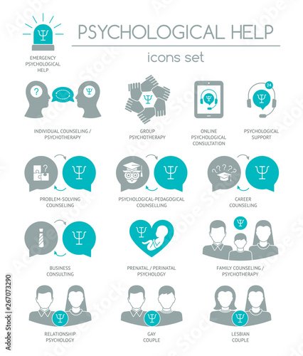 Psychological help. Set of silhouette icons symbols for psychology counseling, consulting, psychotherapy. Color block. Flat design. Vector