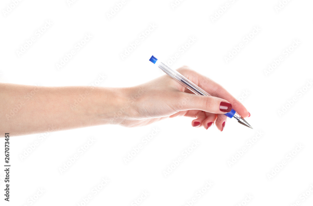 Female hands hold a pen� isolated on white background. Ball pen Female hands hold a pen� isolated on white background. Ball pen