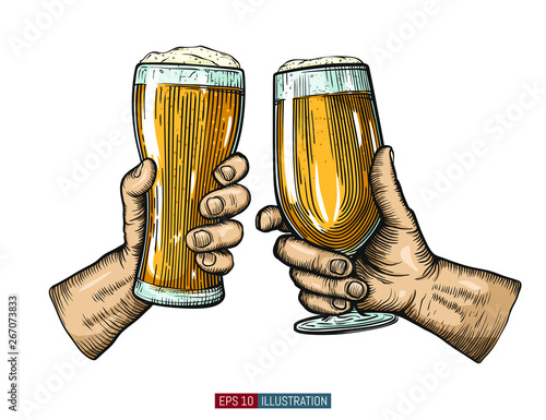 Hands holding and clinking beer glasses. Engraved style. Hand drawn vector illustration.