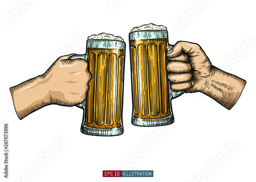 Hands holding and clinking beer glasses. Engraved style. Hand drawn vector illustration.