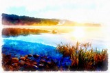 beautiful landscape with rising sun reflecting on lake waters, computer graphic effect.