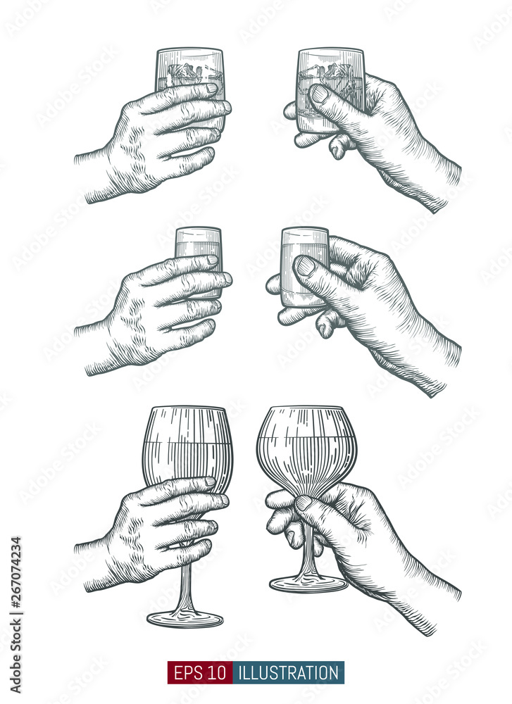Hands holding glasses set. Template for your design works. Engraved style vector illustration. Hands holding glasses set. Template for your design works. Engraved style vector illustration.