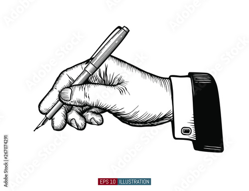 Hand drawn hand holding ink pen. Template for your design works. Engraved style vector illustrations set.