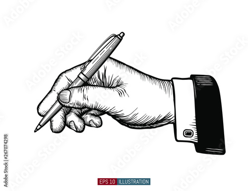 Hand drawn hand holding ball pen. Template for your design works. Engraved style vector illustrations set.