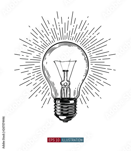 Hand drawn light bulb. Vintage style linear sun rays. Template for your design works. Engraved style vector illustration.