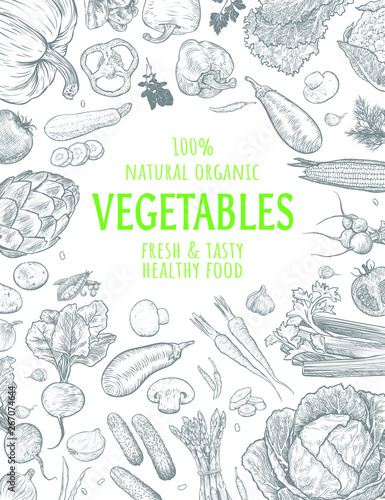 Farmer market card design. Hand drawn fresh vegetables set. Natural organic healthy food. Template for your design works. Engraved style vector illustration.