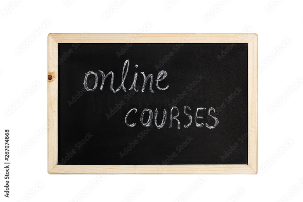 Pizarra con escritura online courses sobre fondo blanco aislado Pizarra con escritura online courses sobre fondo blanco aislado