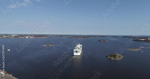 Summer aerial footage of Helsinki Baltic Sea Finnish Bay lagoon area. Cruise liner depart from port of Helsinki. Finland Suomi, Scandinavia.	