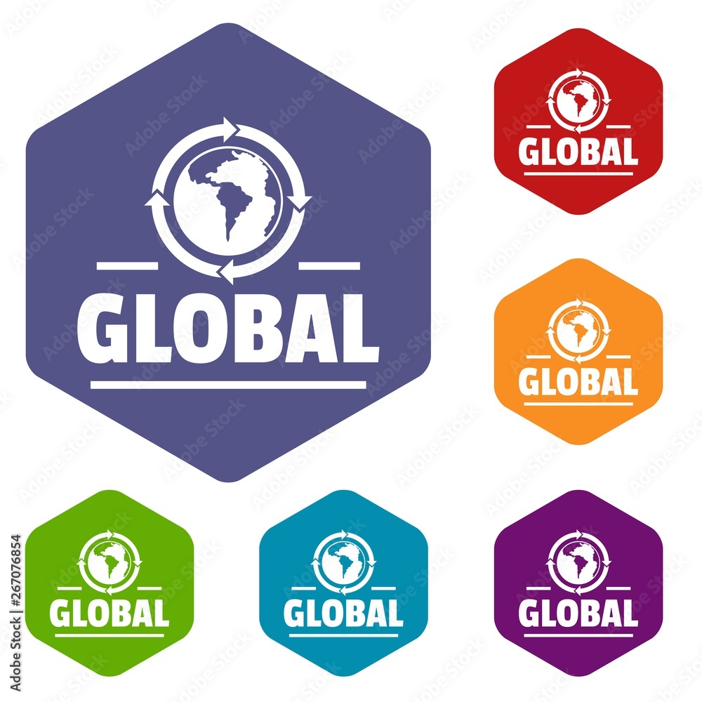 Obraz premium Global icons vector colorful hexahedron set collection isolated on white 