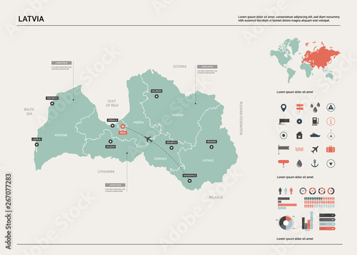 Vector map of Latvia. High detailed country map with division, cities and capital Riga. Political map, world map, infographic elements.
