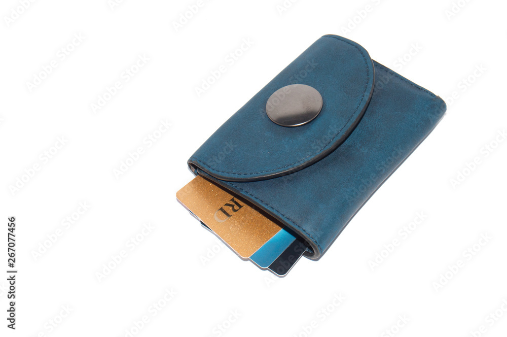 Bank credit cards in blue wallet on white background Bank credit cards in blue wallet on white background