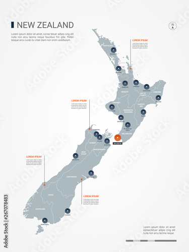 New Zealand map with borders, cities, capital and administrative divisions. Infographic vector map. Editable layers clearly labeled.