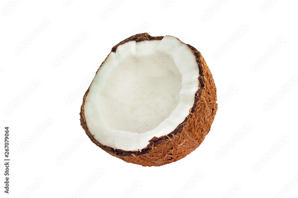One half of hard hairy fresh raw coconut of brown color with juicy pulp isolated on white background One half of hard hairy fresh raw coconut of brown color with juicy pulp isolated on white background