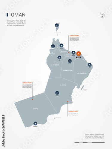 Oman map with borders, cities, capital and administrative divisions. Infographic vector map. Editable layers clearly labeled.