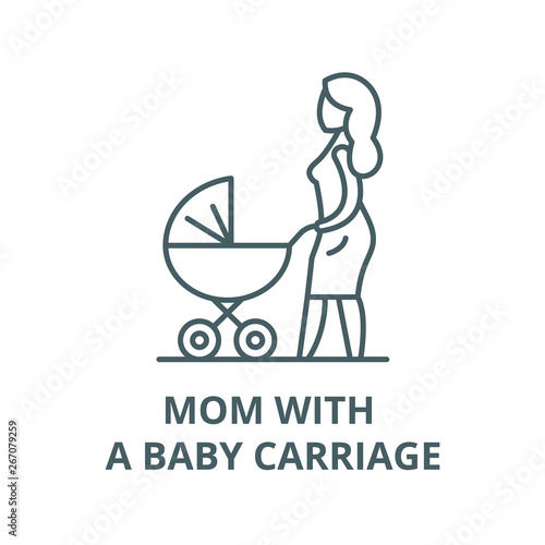Mom with a baby carriage vector line icon, outline concept, linear sign