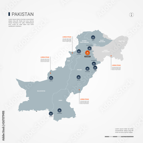 Pakistan map with borders, cities, capital and administrative divisions. Infographic vector map. Editable layers clearly labeled.