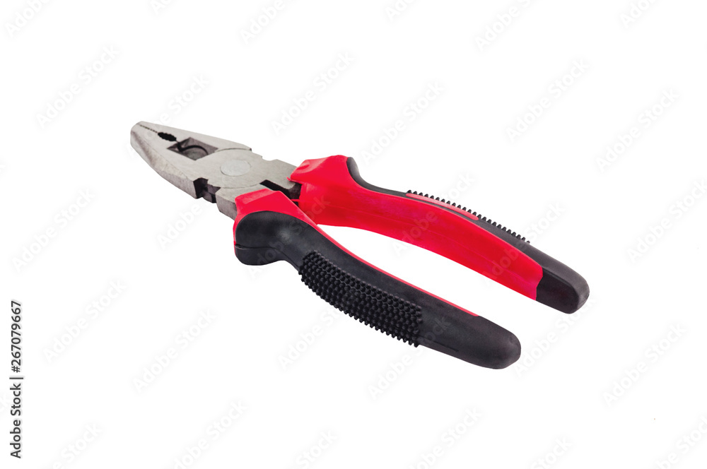 Obraz premium One new metal pliers with rubber handles black and red color isolated on white background. Repair or building concept