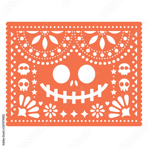 Halloween Papel Picado design with skulls and pumpkin scary face, Mexican paper cut out pattern - Dia de Los Muertos, Day of the Dead