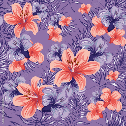Tropical flowers with palm branches. Blooming spring-summer flowers plants. Seamless pattern. Vector image.