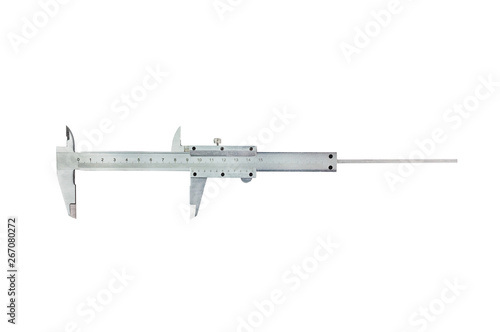 One metal vernier caliper isolated on white background. Top view. Industrial concept
